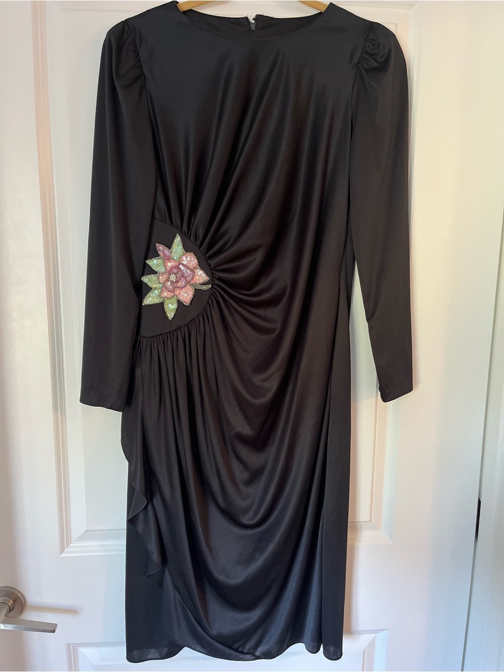 Vintage 80s Riccardo Black Draped Cocktail Dress Sequin Floral Appliqué USA